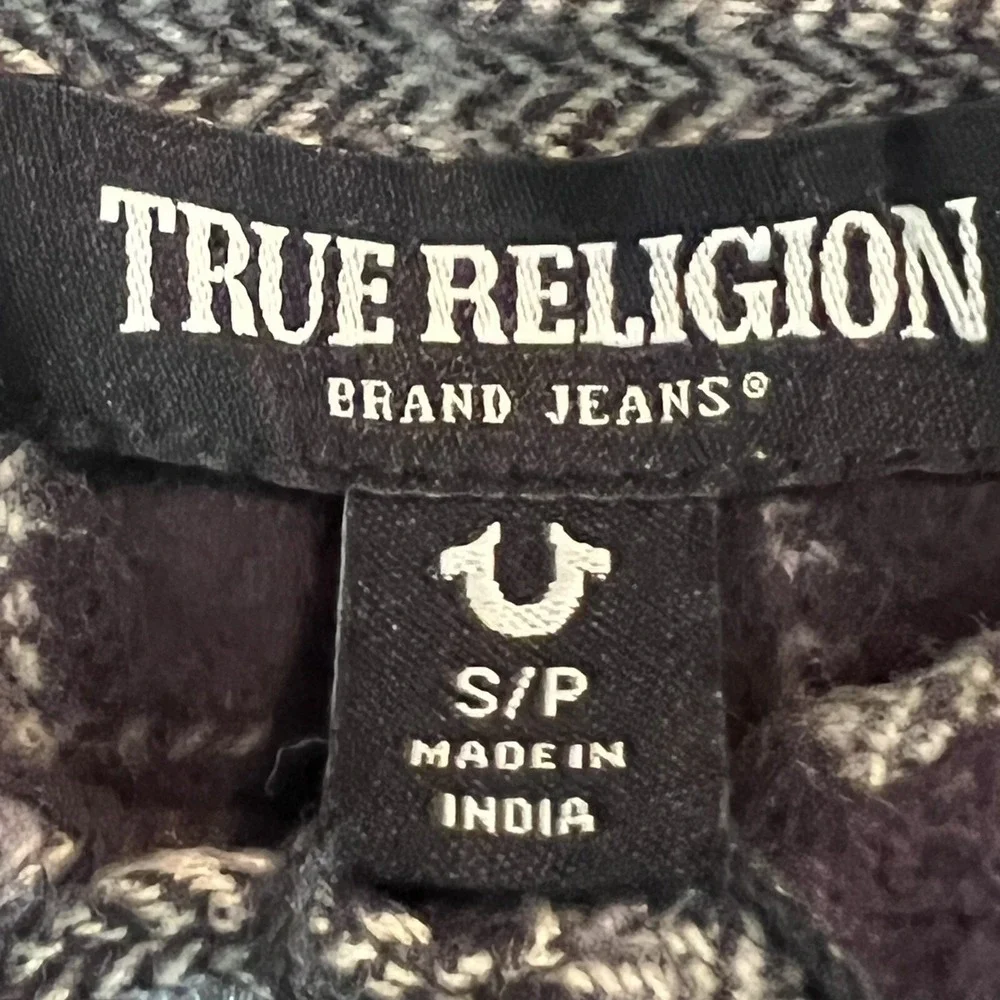 True Religion Mens Black Tan Fleece Plaid Shirt Sz Small Travertine Workwear NWT